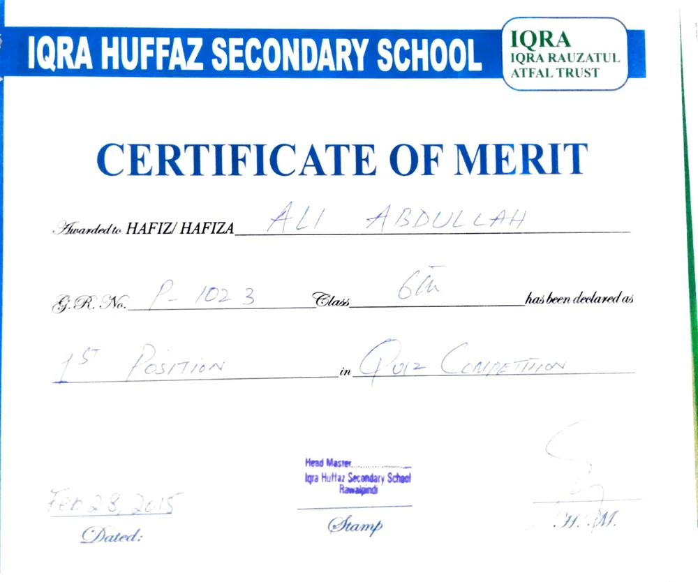 Iqra Huffaz Secondary School quiz certificate